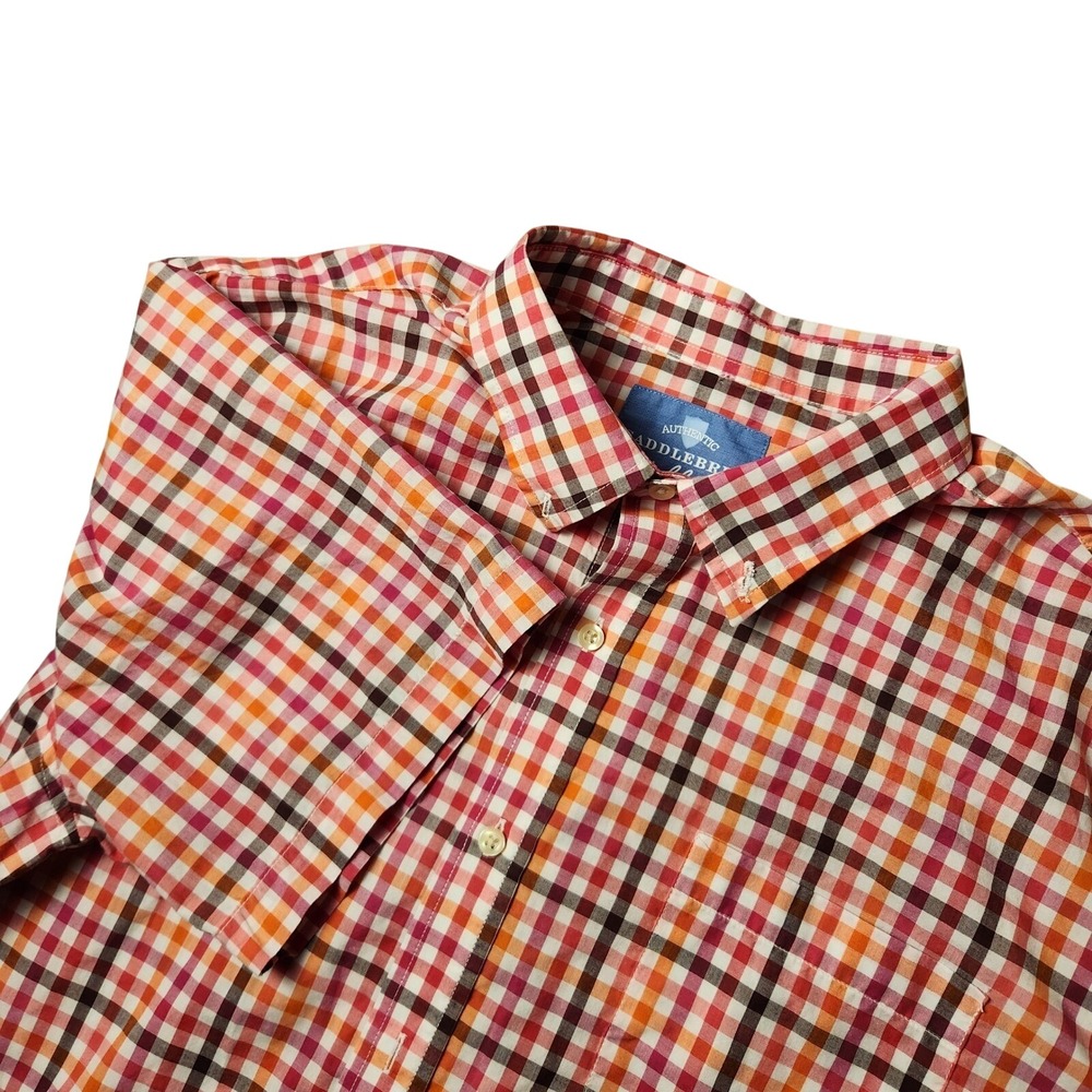 Saddlebred Button Down Mens XXL Orange Red Plaid Wrinkle Free Short Sleeve Shirt